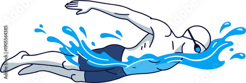 Man swimming in the water with dynamic splashes from an overhead viewpoint