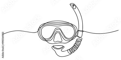 Continuous line art drawing of snorkeling water mask with tube, continuous line drawing of swimming goggles.one line drawing of swimming mask icon.single line vector illustration of diver's device.