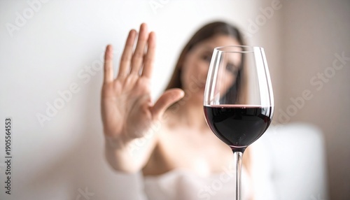 Young woman refusing a glass of wine with hand gesture. Female saying no to alcohol at social event.