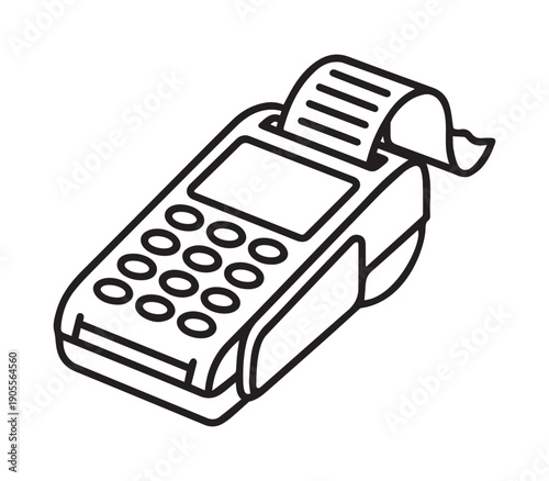 Black and white illustration of a credit card terminal with receipt paper, payment device.