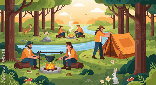 Forest Camping Scene: Friends Enjoying Nature, Setting Up Tent, Cooking