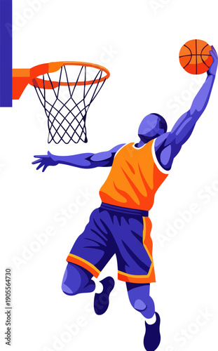 Basketball player in mid-air dunking the ball into the hoop with great athleticism and skill on the court