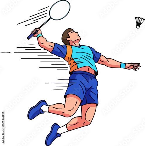 Man jumping in the air to hit a shuttlecock with a racket during a badminton game