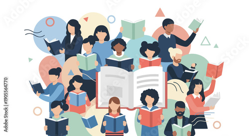 Diverse people reading books, education concept, illustration