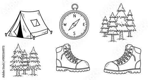 Camping and Hiking Icons: Tent, Compass, Boots, and Pine Trees