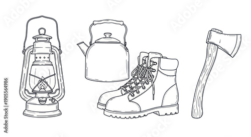 Camping Gear Line Art: Lantern, Kettle, Boots, and Axe Illustration