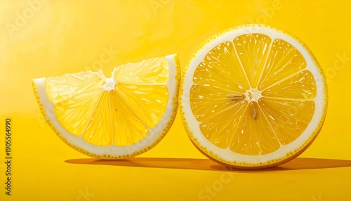 Sliced lemons on a yellow background, revealing pulp and rind details, with warm lighting casting soft shadows