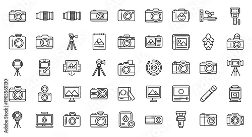 Collection of modern camera and photography icons in minimalist style