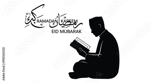 A black silhouette of a man reading with arabic calligraphy wishing ramadan kareem and eid mubarak silhouette high quality professional detailed modern