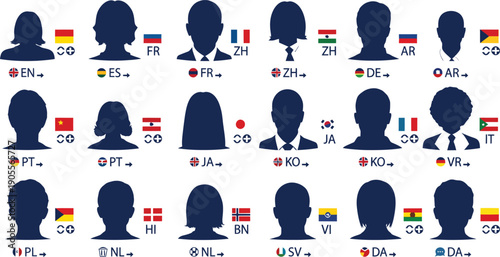 Vector illustration set of black female silhouettes and people profile icons featuring diverse hair styles and human face avatars for business user design