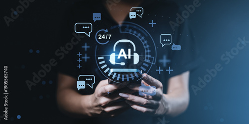Fotografia AI-powered customer support chatbot concept with headset icon and digital chat bubbles on futuristic background held by hands using mobile phone