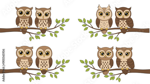 Four pairs of cute brown owls perched on leafy branches for woodland themed illustrations and decorative children art projects.