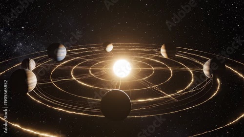 A glowing central star illuminates multiple planets on circular orbits within a vast, dark, star-filled cosmic galaxy.