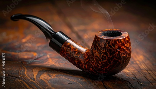 Smoking pipe, glowing embers, laid on a textured wooden surface with rising smoke tendrils in warm, saturated light