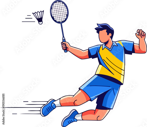 Man playing badminton with racket and shuttlecock in dynamic motion on court