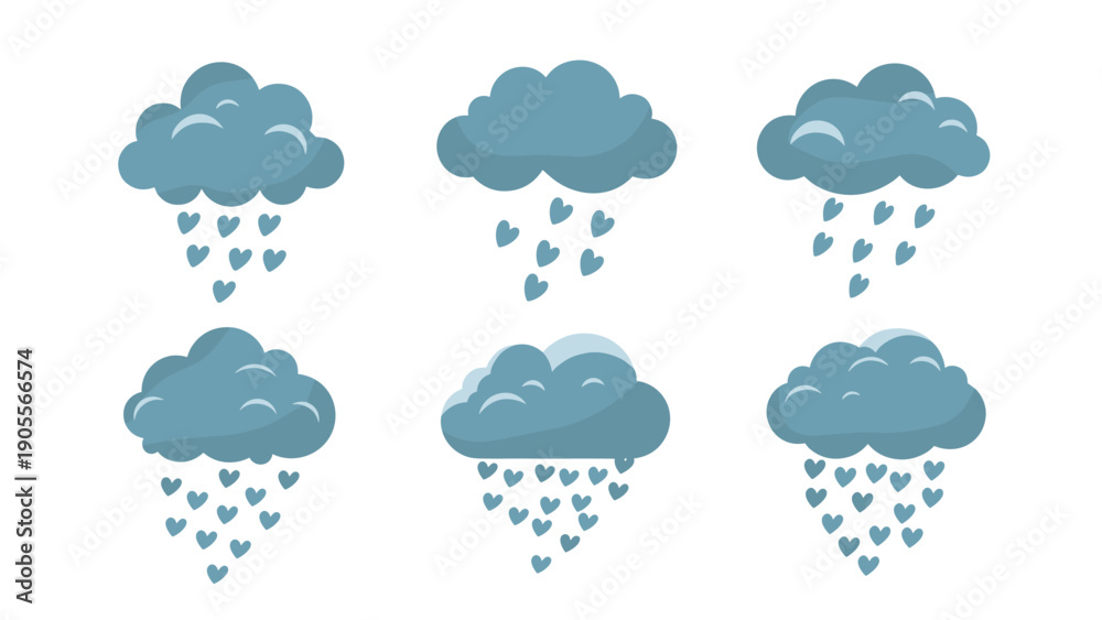 Obraz premium Collection of blue cartoon clouds raining small hearts on a white background, perfect for romantic and creative weather-themed designs.