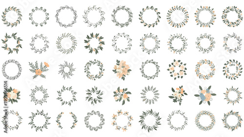 Large collection of various floral and leafy wreaths in different styles and sizes for diverse graphic design applications.