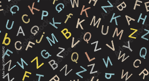 Colorful, textured chalk letters forming a seamless pattern on a dark chalkboard background, ideal for learning and playful designs.