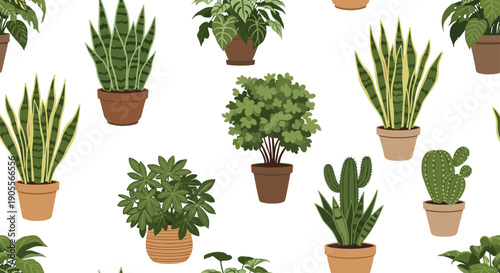 A vibrant seamless pattern showcasing a diverse collection of green potted houseplants, including snake plants, cacti, and various foliage.