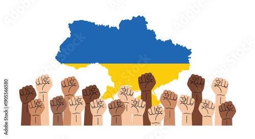 Diverse raised fists in front of a map of Ukraine, symbolizing unity, solidarity, and support for the nation during challenging times.