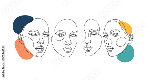 Minimalist abstract line art of four diverse women's faces with colorful geometric shapes, showcasing modern portraiture.