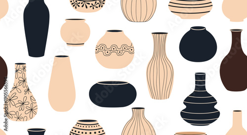 Seamless pattern of ceramic vases and pottery in diverse shapes and earthy tones, perfect for bohemian and minimalist design projects.