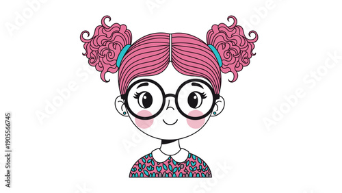 Portrait of a stylish young girl with pink hair in space buns, wearing large round glasses and a patterned collar shirt for modern designs.