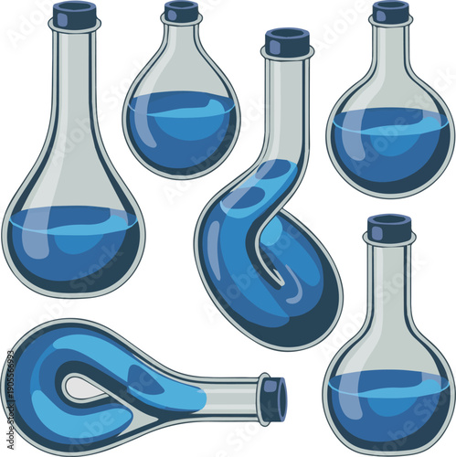 Create a kinds of deferent Klein Bottle with blue liquid 3d rendering vector art with white background..