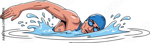 A swimmer in a blue swim cap and goggles gliding through the water, depicted in a dynamic illustration from a side viewpoint.