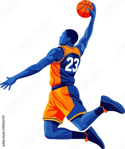 A basketball player in mid-air, dunking the ball with athleticism and skill, showcasing sports action and dynamic movement.