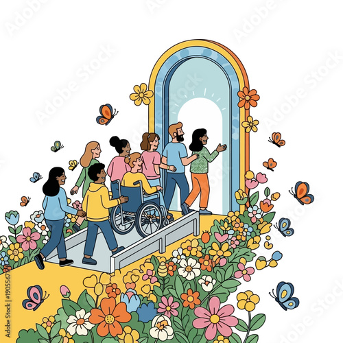 Diverse group of people walking on a ramp towards a bright arched doorway with butterflies and flowers