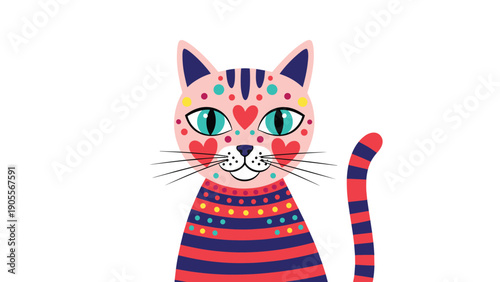 Stylized pink cat portrait decorated with colorful hearts, dots, and stripes, offering a unique and artistic feline design for creative projects.