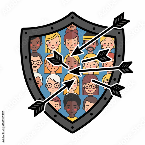 Shield protecting diverse group of people from incoming arrows representing threats or criticism