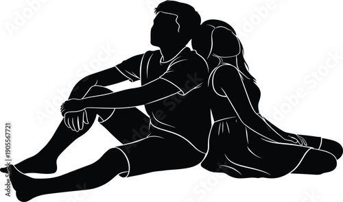 Silhouette of romantic couple sitting back to back leaning on each other gazing up in peaceful intimate moment of love and companionship.