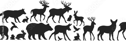 Black silhouette vector illustration of diverse forest animals including deer, wolf, bear, elk, rabbits, and birds, perfect for wildlife education, creative design, and artistic projects.