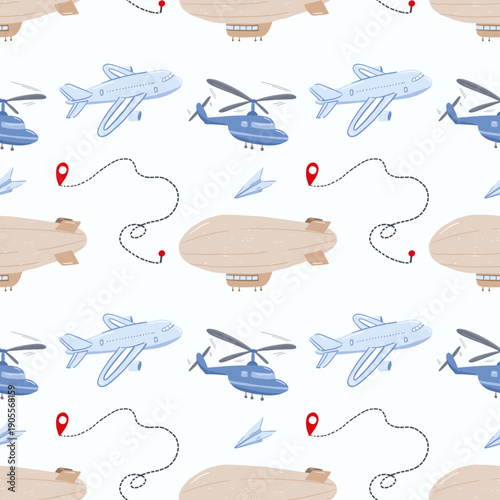 Cute aviation transport pattern with airplanes helicopters and airships for kids