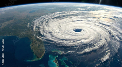 Giant hurricane spinning over the coast of Florida seen from space, meteorology news and climate change reports