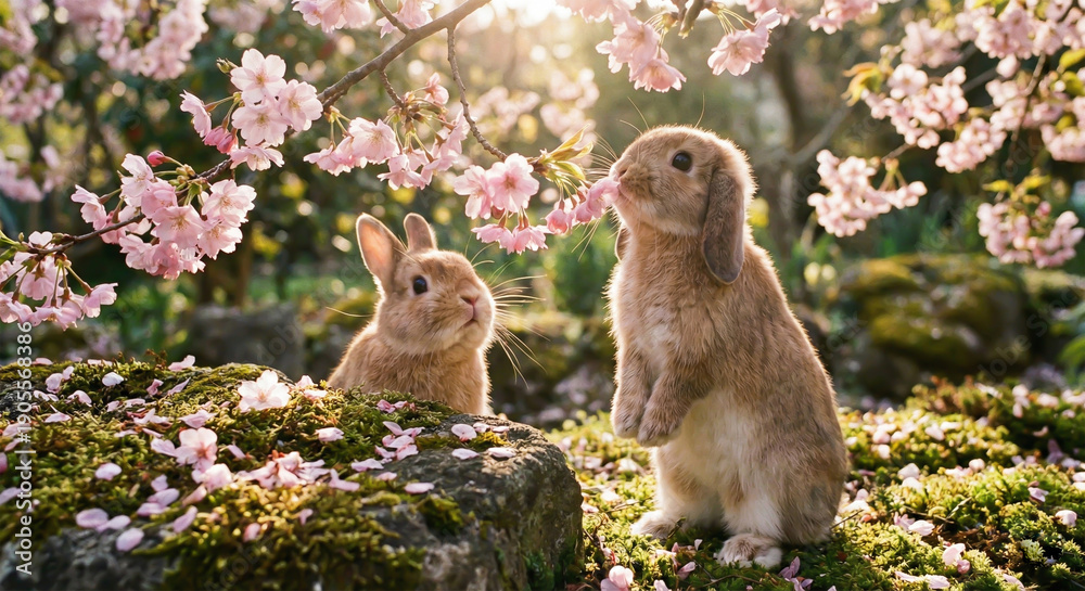 Fototapeta premium Two cute rabbits in a blooming spring sakura garden