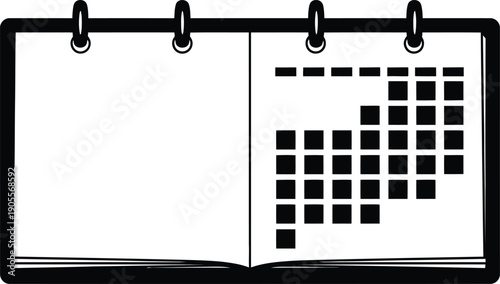 A black and white illustration of a calendar with a grid layout and blank notes page