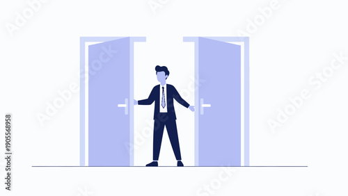 Businessman opening doors, symbolizing opportunity, choice, and new beginnings