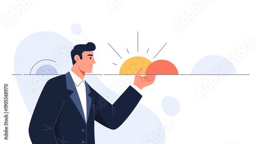Businessman holding sun over horizon, new beginning concept, bright future