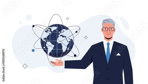 Businessman holding globe with orbiting atoms, global business and science concept