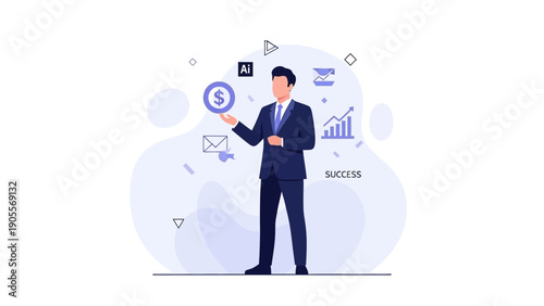 Businessman holding dollar coin with success graph and icons, business concept