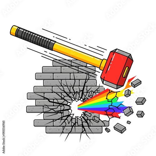 Sledgehammer smashing through brick wall, releasing a vibrant rainbow burst
