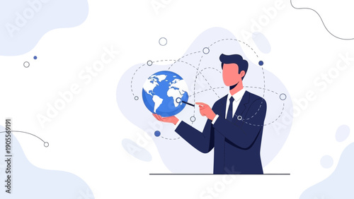 Businessman holding globe with network connections, global business concept illustration