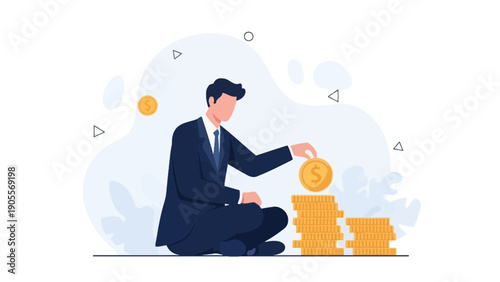 Businessman Sitting and Stacking Gold Coins, Financial Growth Concept