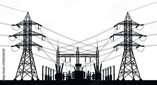 A striking black outline depicts power lines substations and electrical towers against a bright white backdrop silhouette high quality professional detailed modern