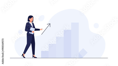 Businesswoman presenting growth chart with upward arrow, symbolizing success and progress