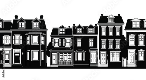 A row of detailed ornate townhouses depicted in stark black against a bright white background silhouette high quality professional detailed modern elegant
