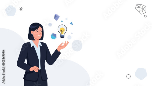 Businesswoman presenting a bright idea with glowing lightbulb and abstract shapes